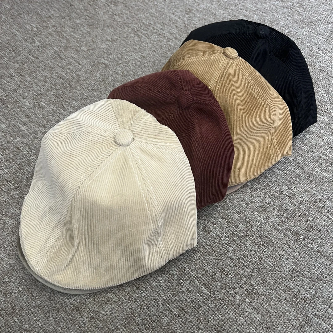 美式街头英伦风灯芯绒前进帽子女秋冬复古百搭小贝雷帽