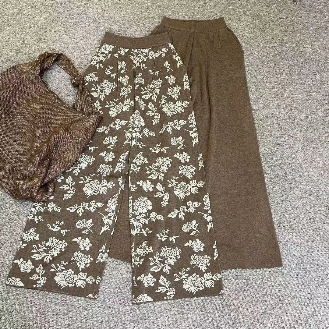 YE FAN针织高档压纹时尚休闲百搭气质松紧腰直筒阔腿裤