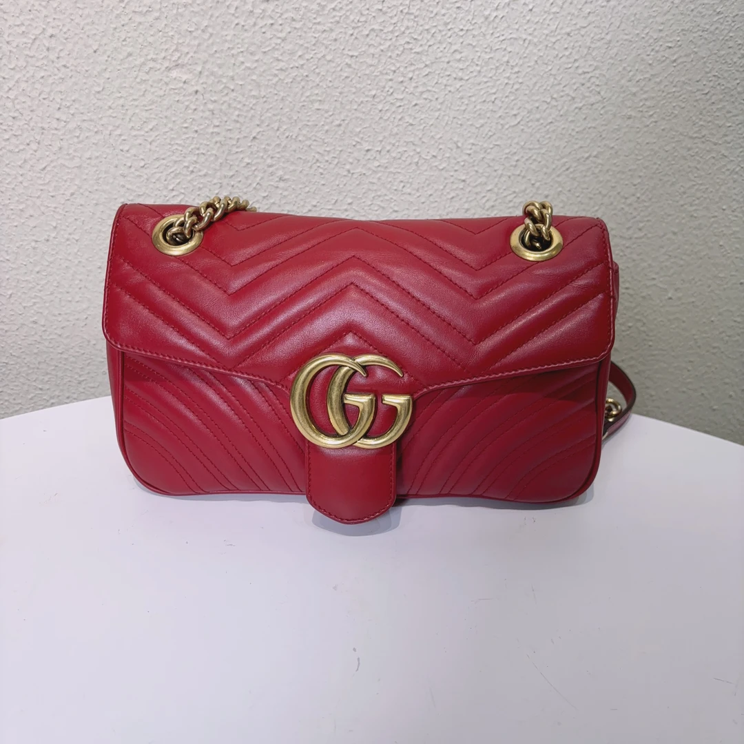 95新 GUCCI/古驰 红色marmont 26链条包