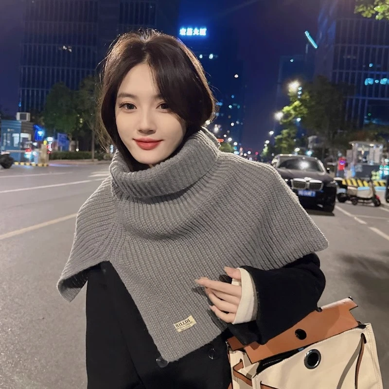 时尚开叉高领披肩女秋冬季韩版百搭针织围巾防寒保暖套头毛线围脖