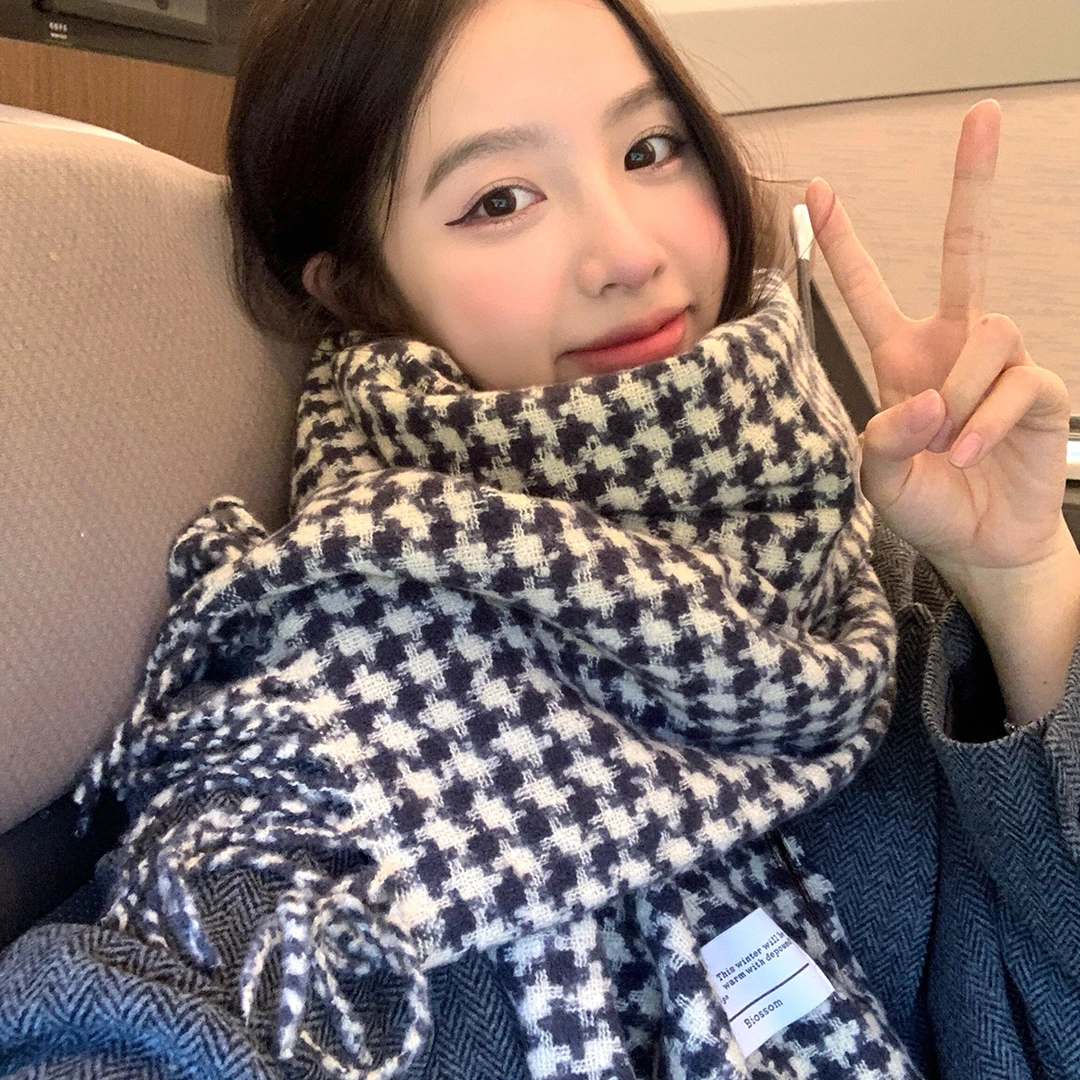 围巾女生冬季2024新款仿羊绒加厚保暖千鸟格情侣防寒洋气男士围脖