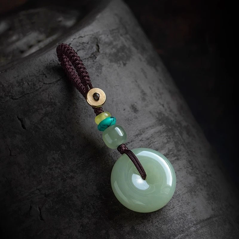 天然平安扣汽车钥匙扣挂件男士女精致挂饰高档玉石礼品编织钥匙扣