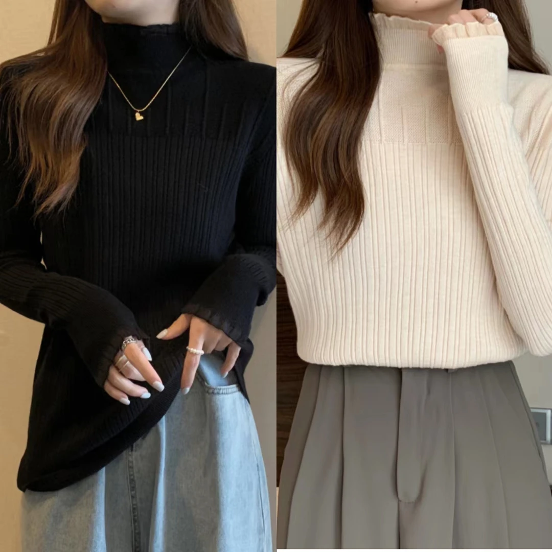 大码女装秋冬胖妹妹半高领蕾丝长袖毛衣打底衫针织上衣