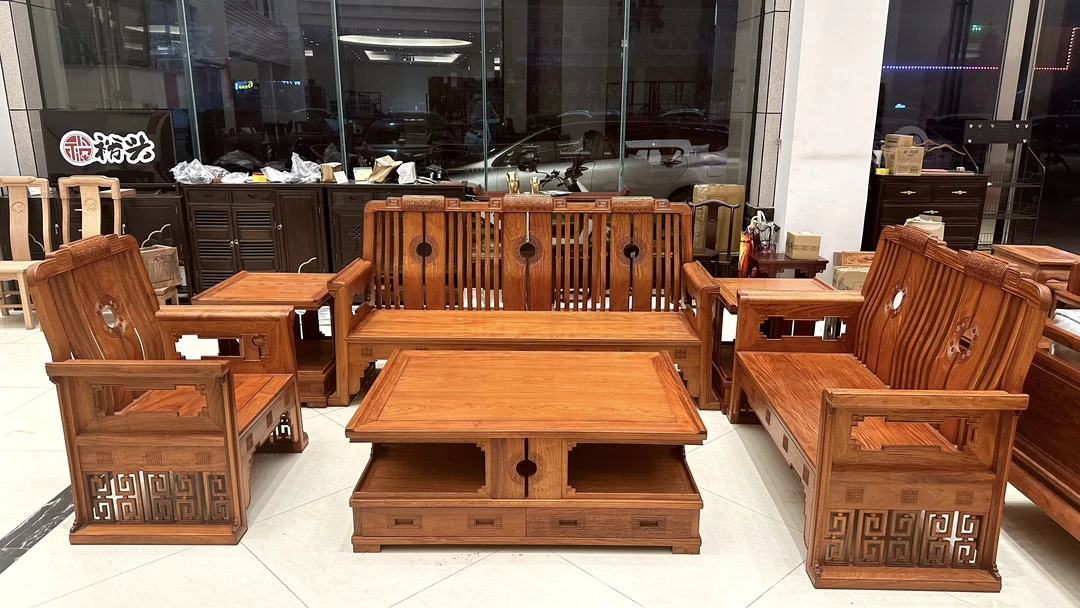 新中式全原木纯料沙发家具六件套客厅成套桌椅古典两用储物雕花