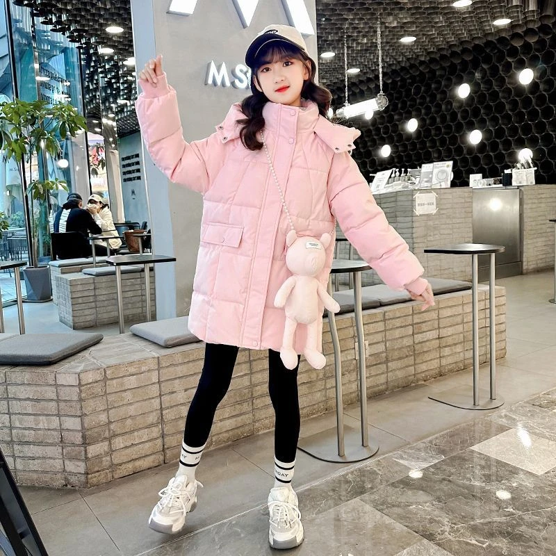 女童棉服中长款(送小公仔)2023新款加绒加厚棉衣女中大童冬季外套