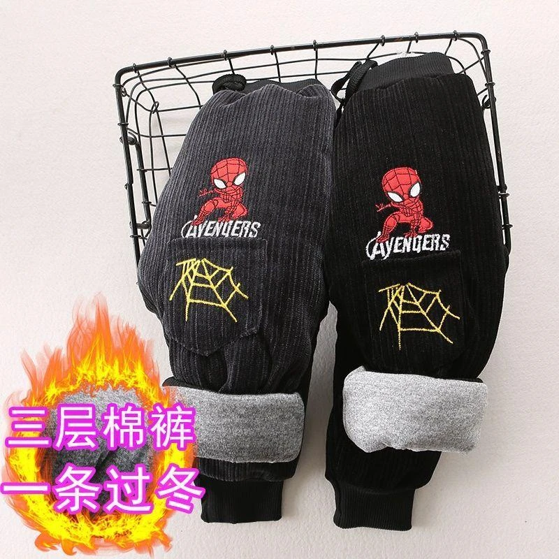 蜘蛛侠加厚棉裤男宝宝裤子冬天外穿三层夹棉裤加厚儿童加绒保暖裤
