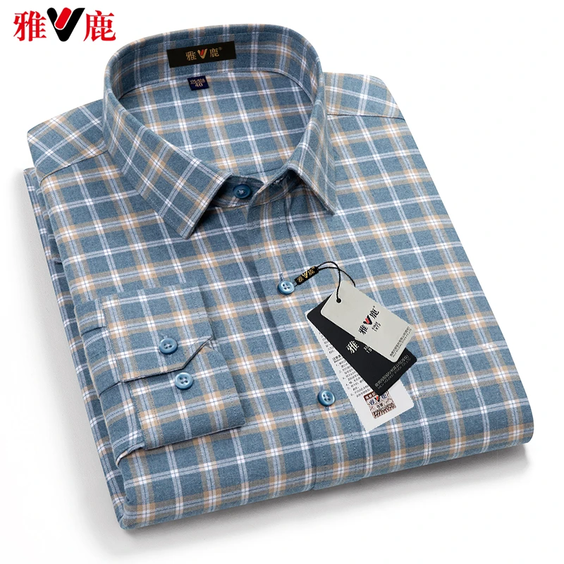 V/雅鹿100%棉格子磨毛男士长袖衬衫秋季厚款抗皱休闲宽松中年衬衣