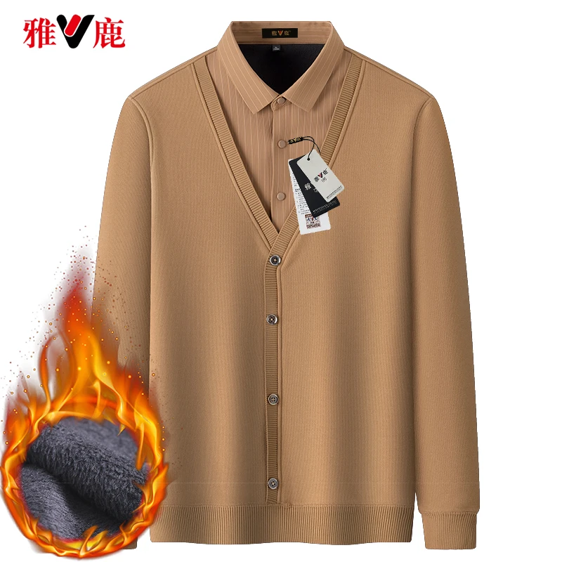 V/雅鹿冬季高档加厚加绒男士假两件宽松套头毛衣大码中老年衣打底