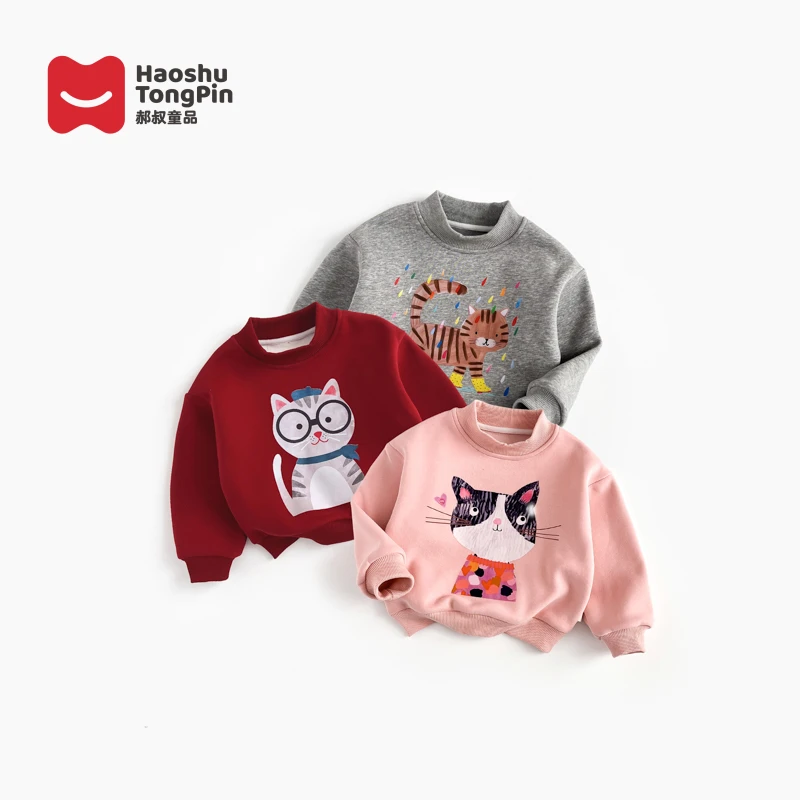 郝叔童品HL3384女童韩版卡通卫衣冬季宝宝加绒保暖猫咪百搭上衣