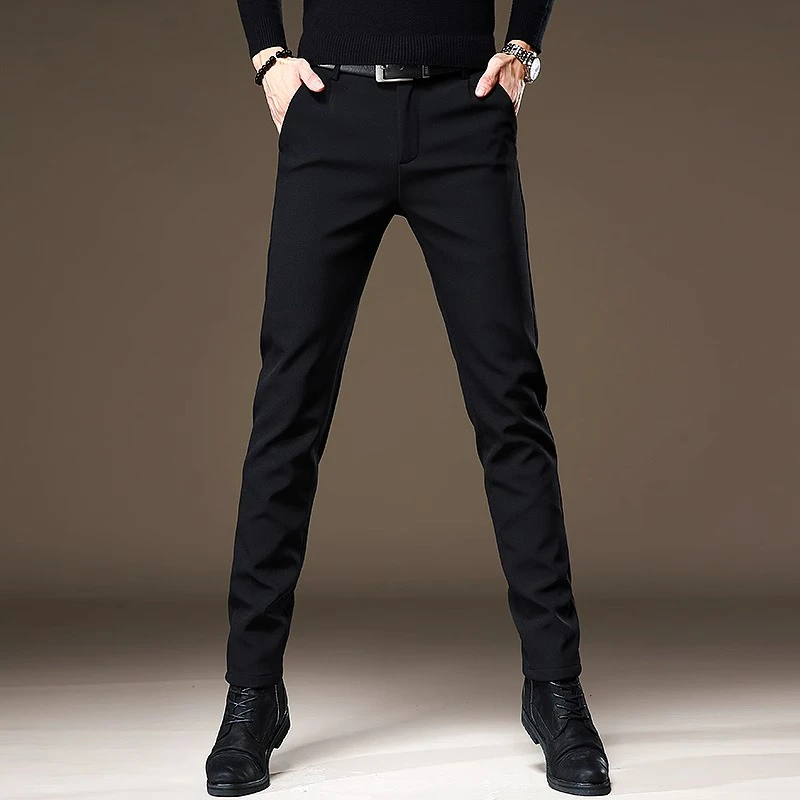 高端韩版西裤男高级感垂感商务秋冬加绒修身裤子弹力黑色休闲裤男