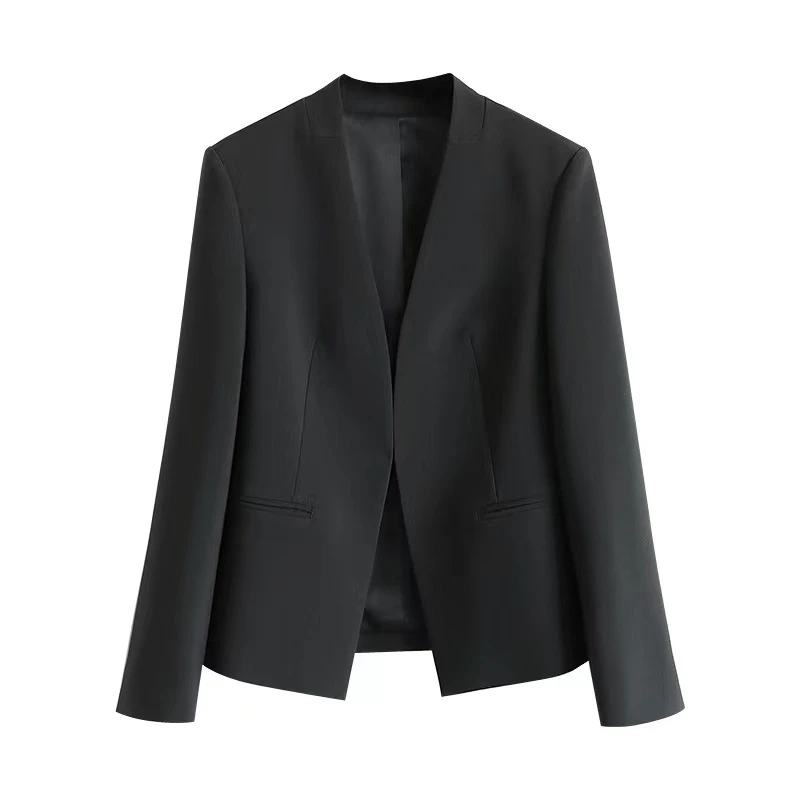 2023爆款职场女性必备重绉桑蚕丝高级感时尚无领小西装黑色长袖