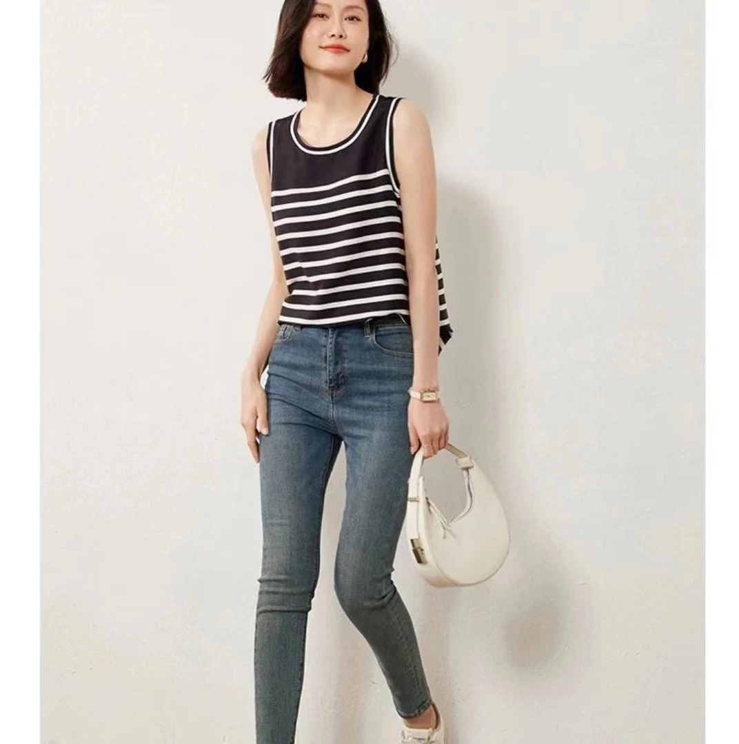 弦婵丝2024新款条纹圆领休闲气质桑蚕丝简约显瘦打底百搭背心