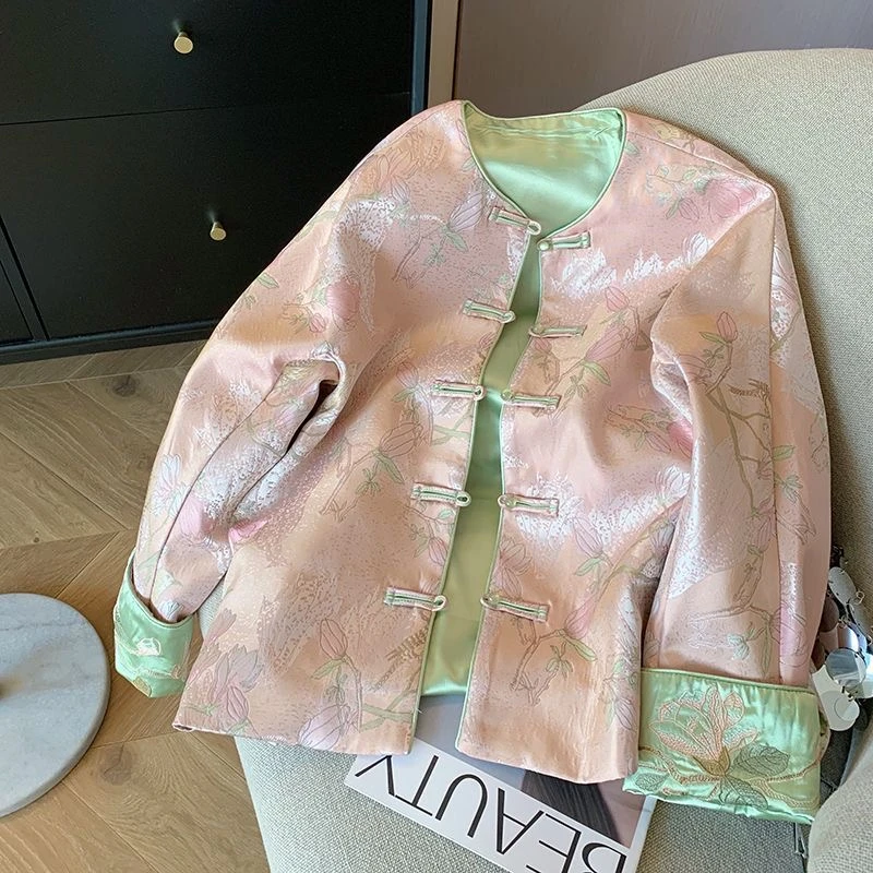 新中式国风盘扣提花缎面外套女装2024新款春秋气质高级感百搭上衣