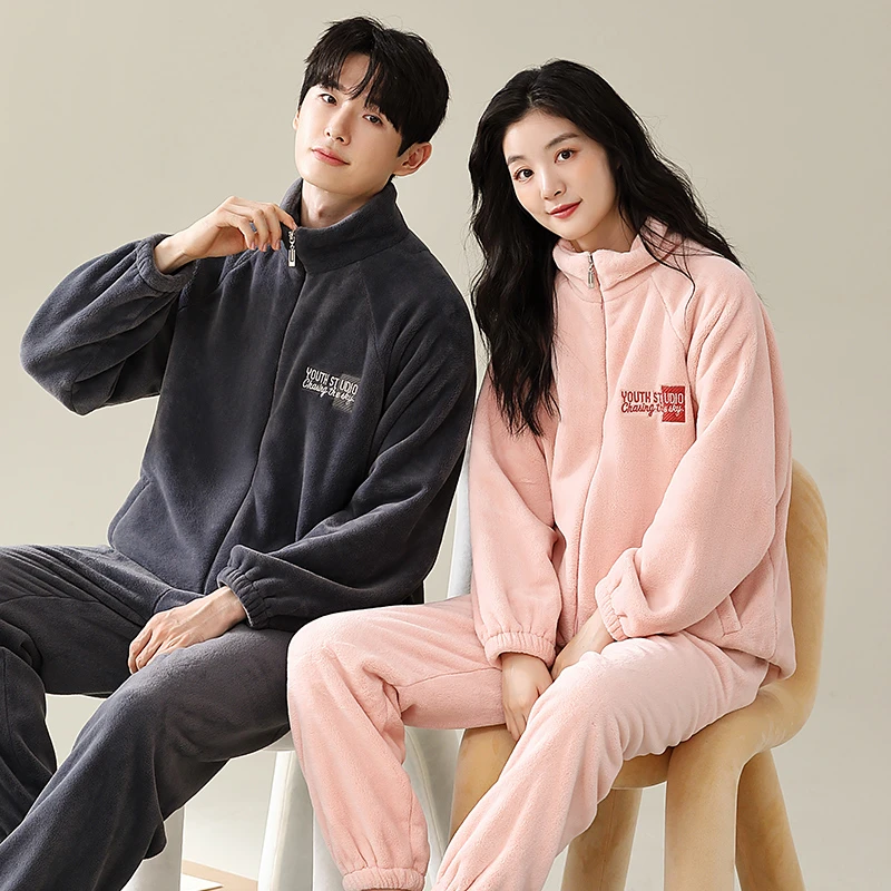 睡衣情侣冬季加绒加厚保暖珊瑚绒简约休闲可外穿秋冬家居服套装