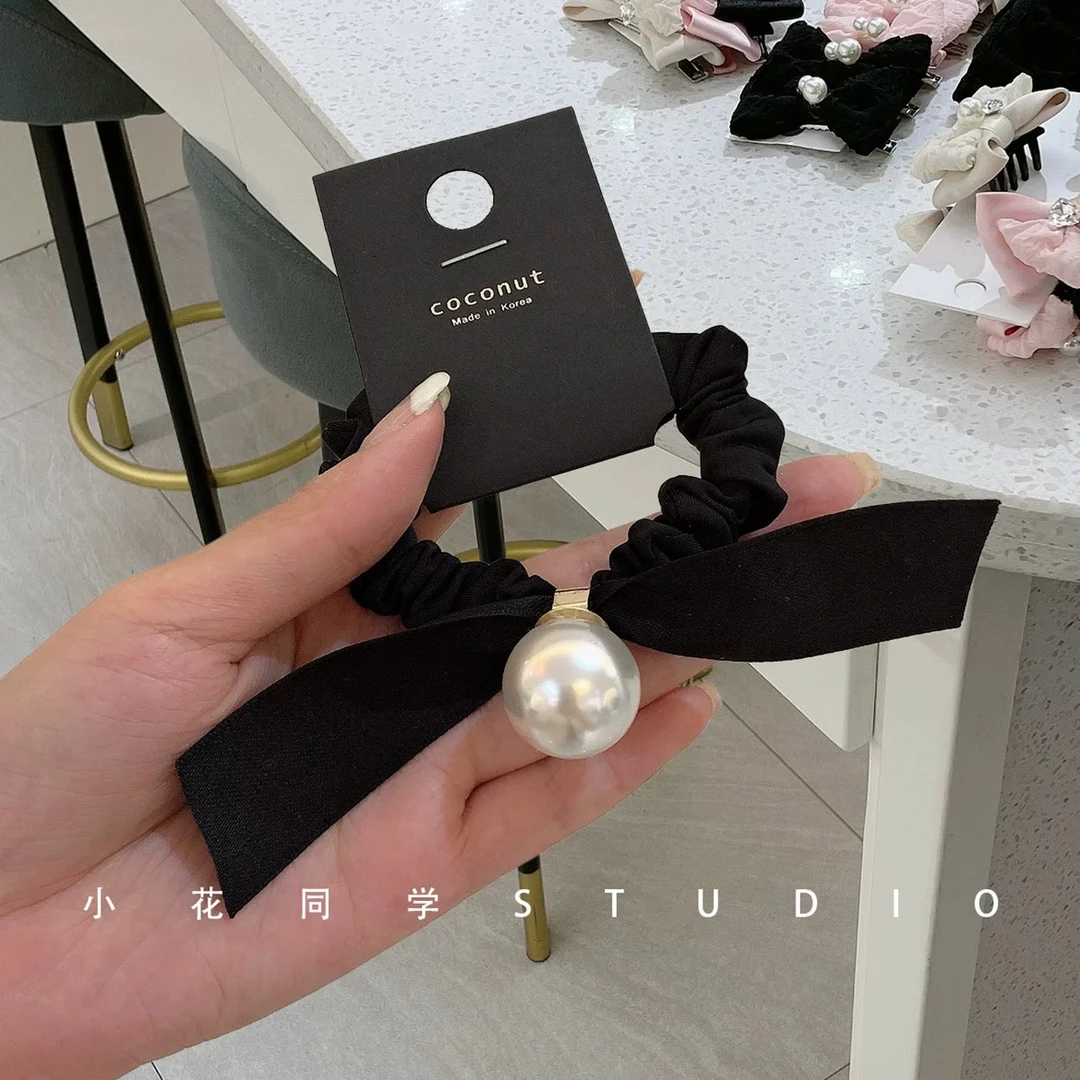 韩版饰品INS网红同款发饰2024新款纯黑色缎面蝴蝶结珍珠发圈发绳