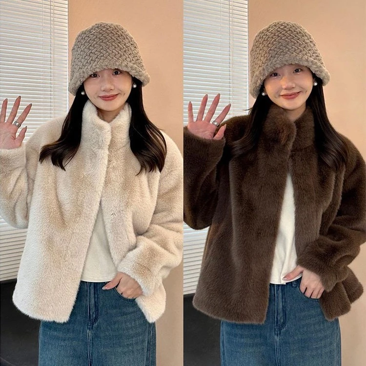 秋冬季韩版时尚毛绒外套年轻款立领皮毛一体加厚毛毛外套女