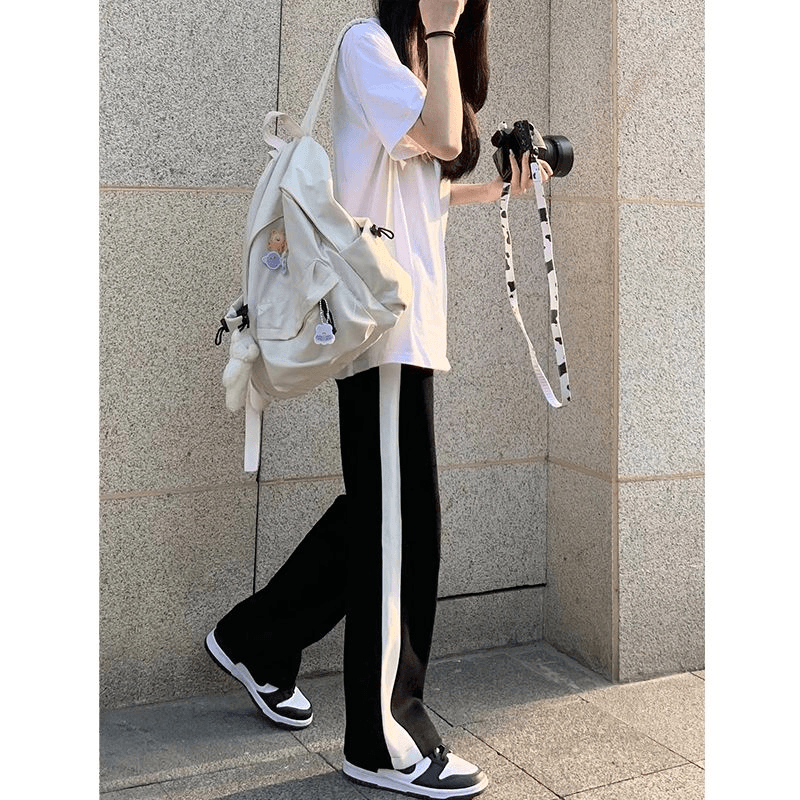 侧白边休闲运动裤女2023新款秋冬季加绒学生裤子直筒裤黑色阔腿裤