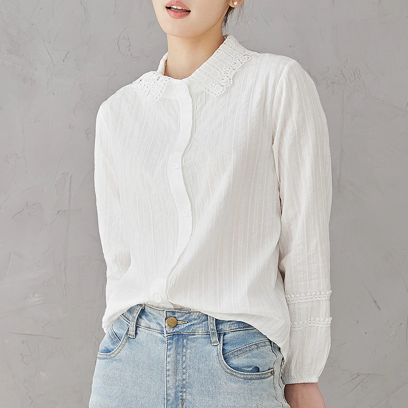 韩版甜美宽松蕾丝领纯棉白衬衫女洋气百搭设计感衬衣泡泡长袖上衣