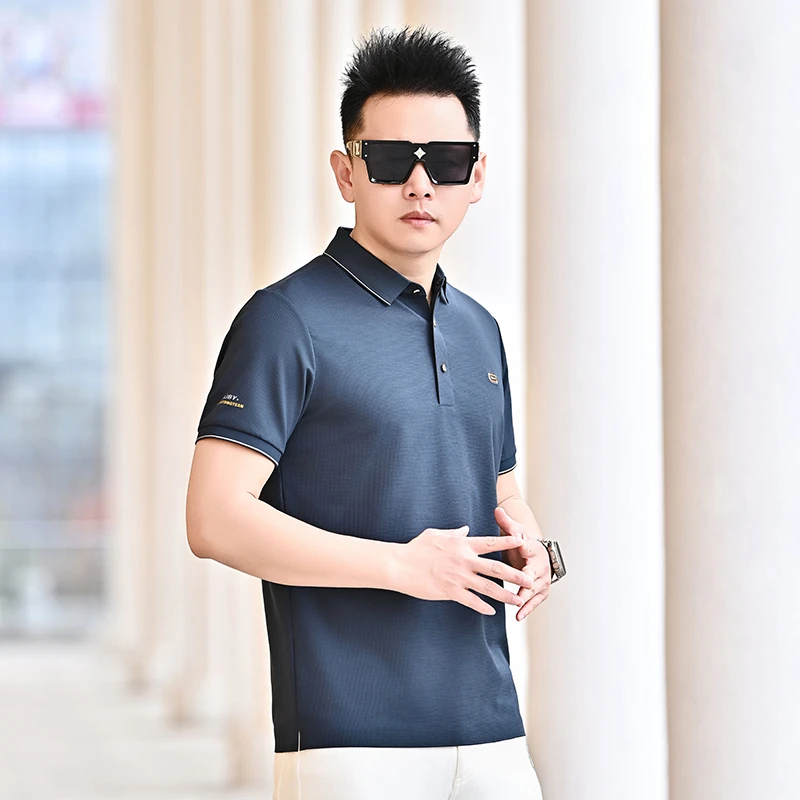 男士夏季休闲翻领商务宽松华夫格PLO衫纯色T桖薄款半袖中年6055