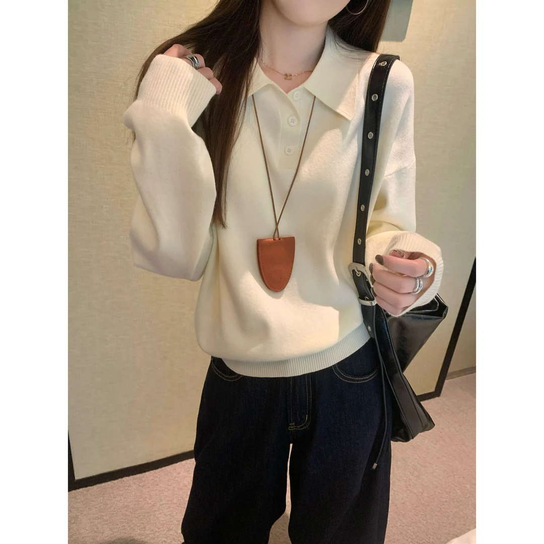 2024秋冬韩版慵懒风法式Polo领时尚百搭套头设计感毛针织衫上衣女