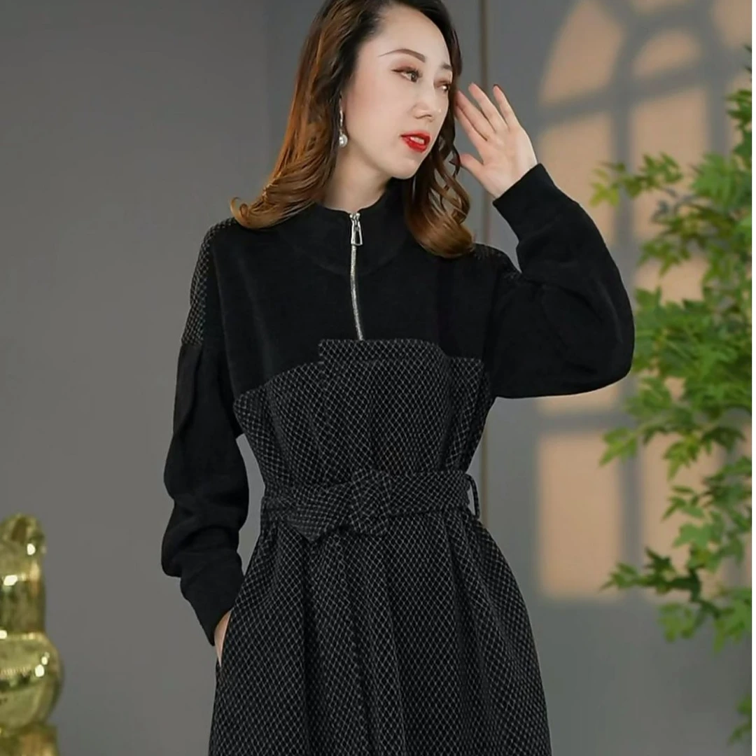 帝倩原创设计师款冬款欧版洋气加厚保暖宽松遮肉格纹连衣裙打底裙