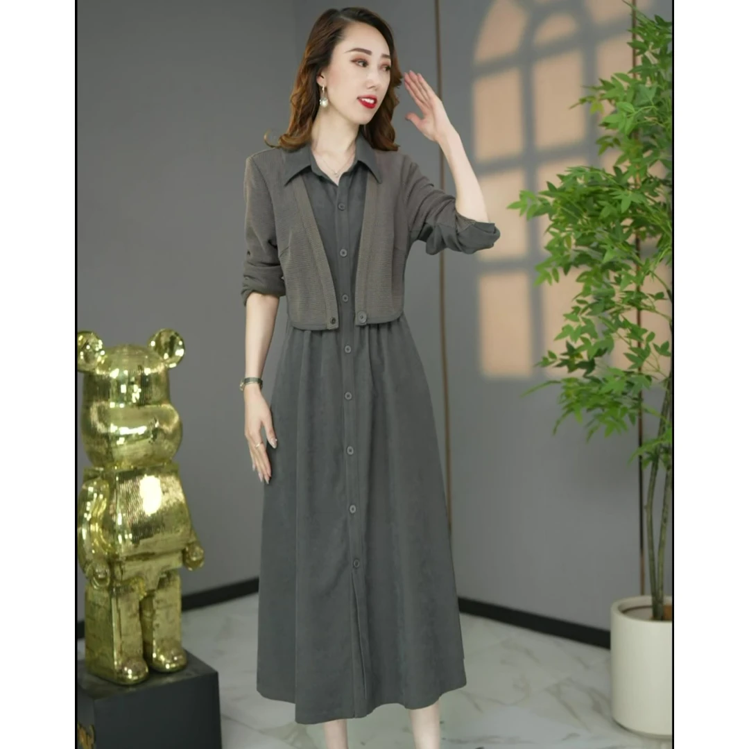 高定款设计师原创款减龄新款时尚洋气假两件中长款长袖连衣裙