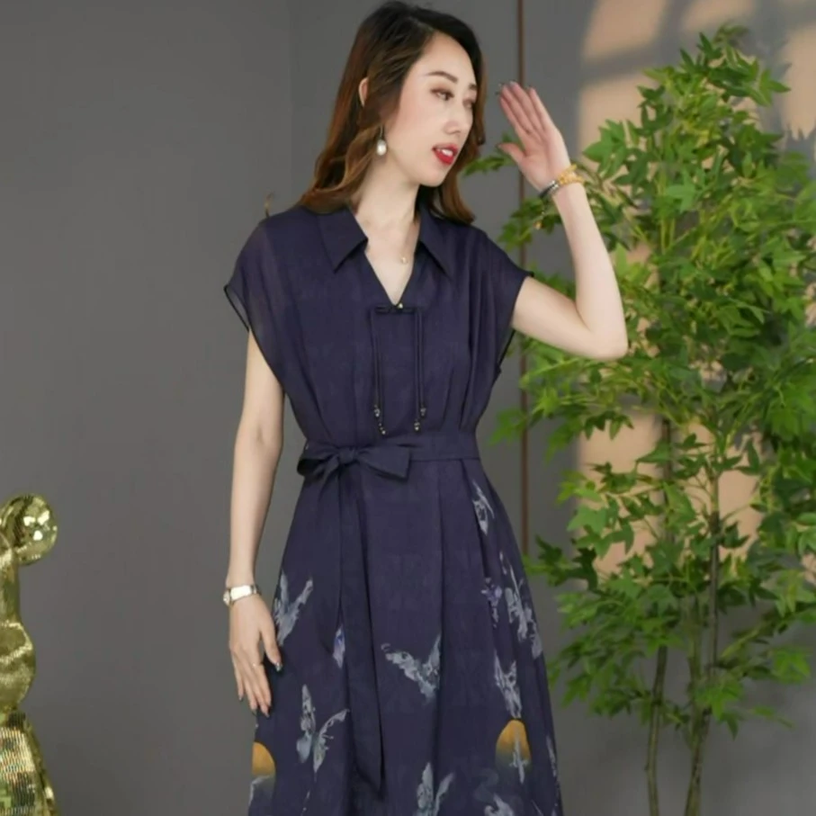 高定款夏装新款韩版洋气修身遮肉显瘦中长款定位蝴蝶印花连衣裙