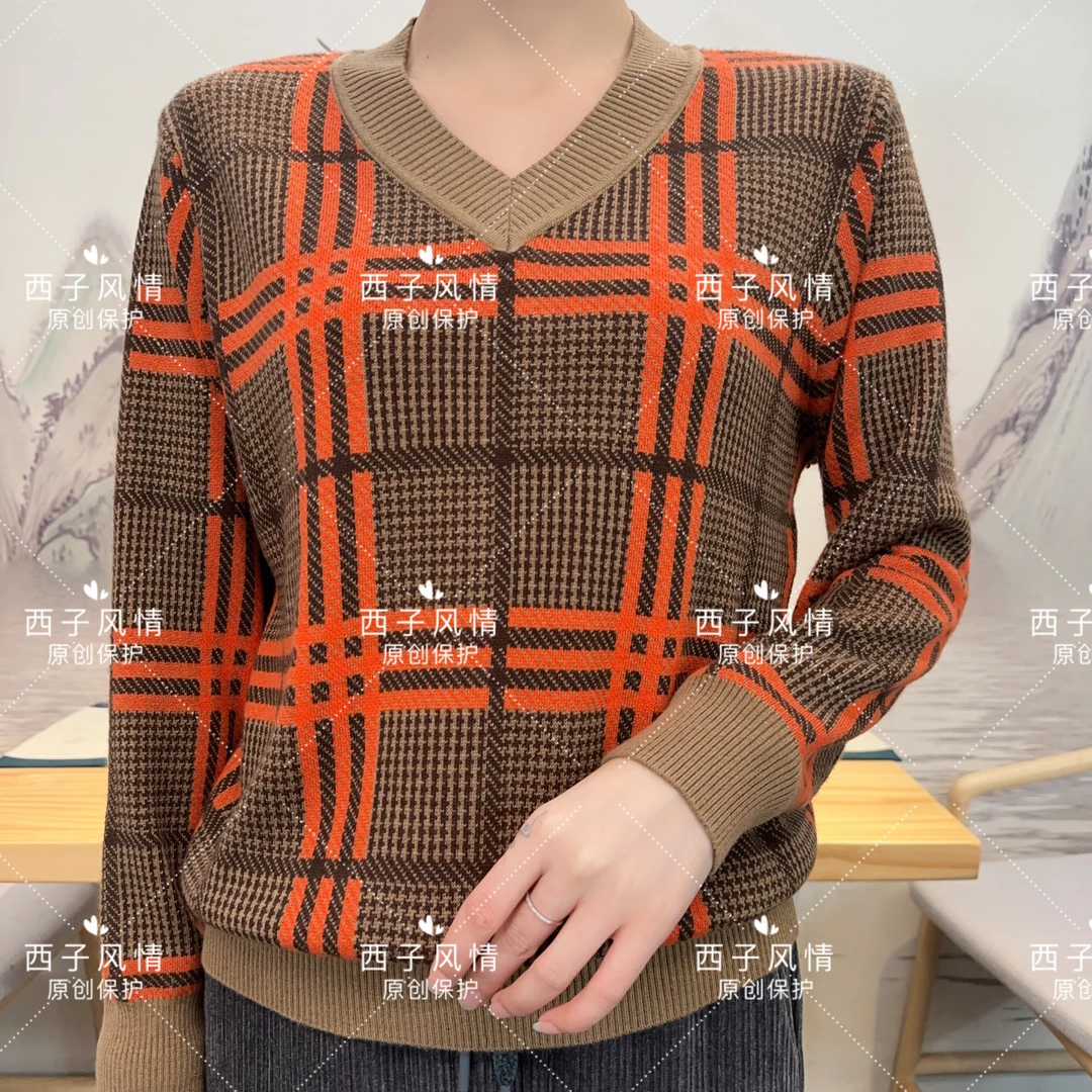 西子家  V领千鸟格撞色条纹款套头针织毛衣毛衫