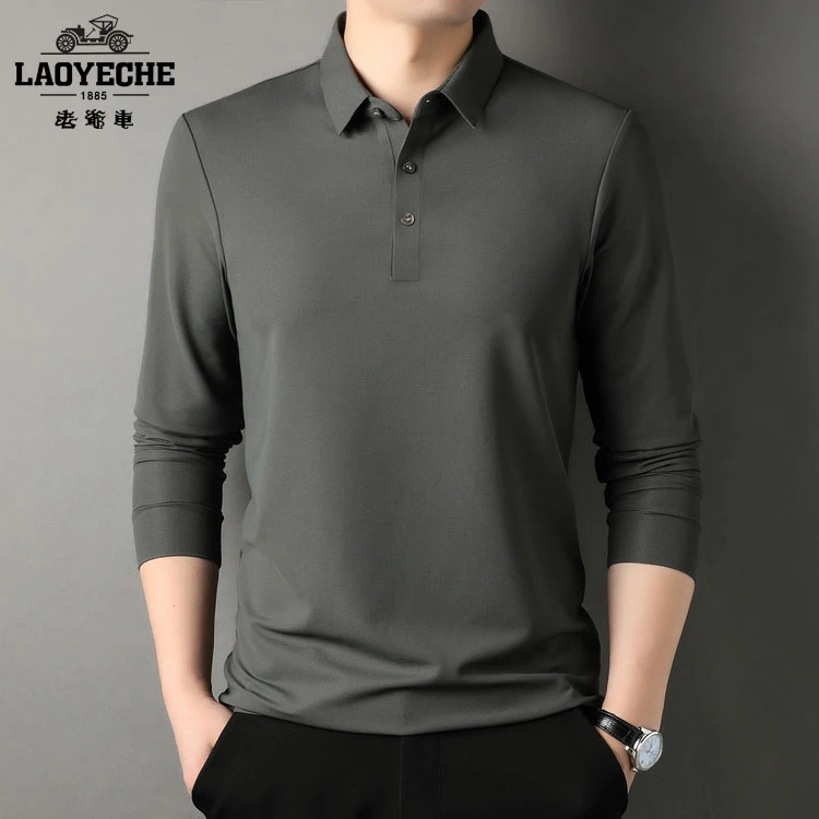 【锦氨免烫】老爷车男士长袖商务T恤POLO衫抗皱中青年通勤上衣宽松