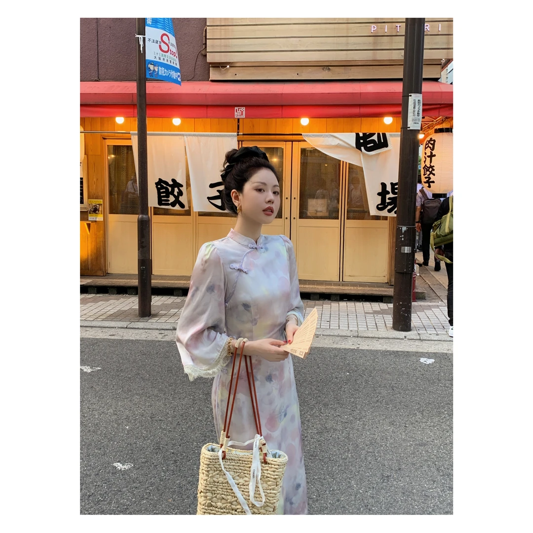 清冷美人 新中式宽松旗袍裙复古长袖连衣裙