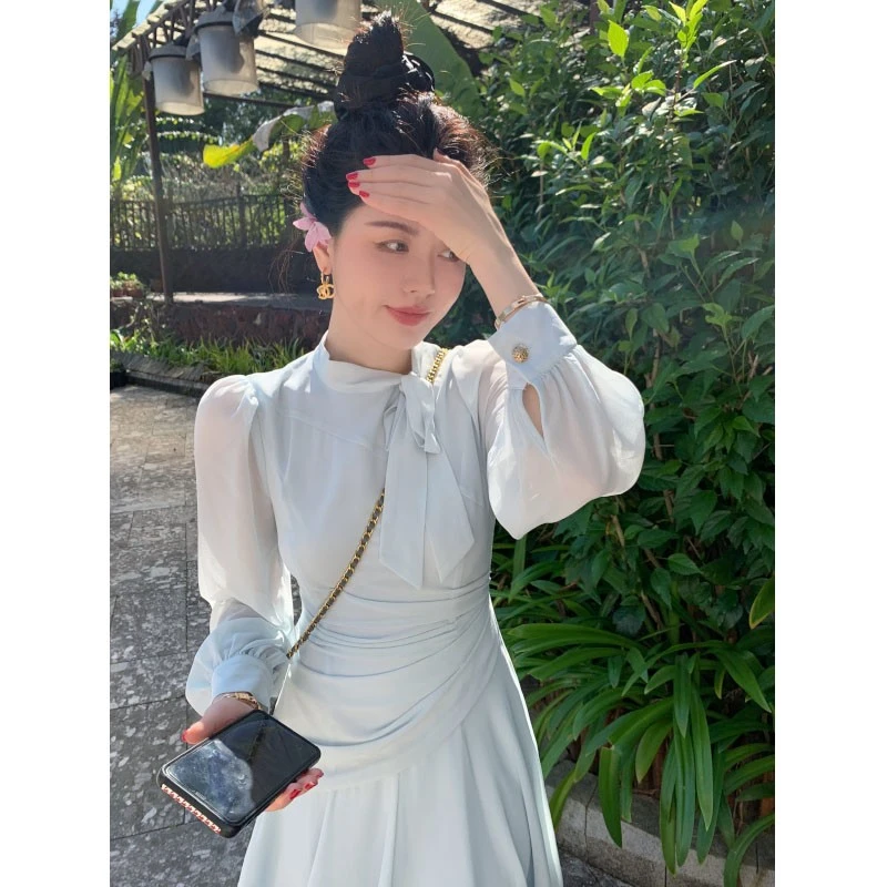 "春意"清冷调法式气质超美晕染长袖连衣裙