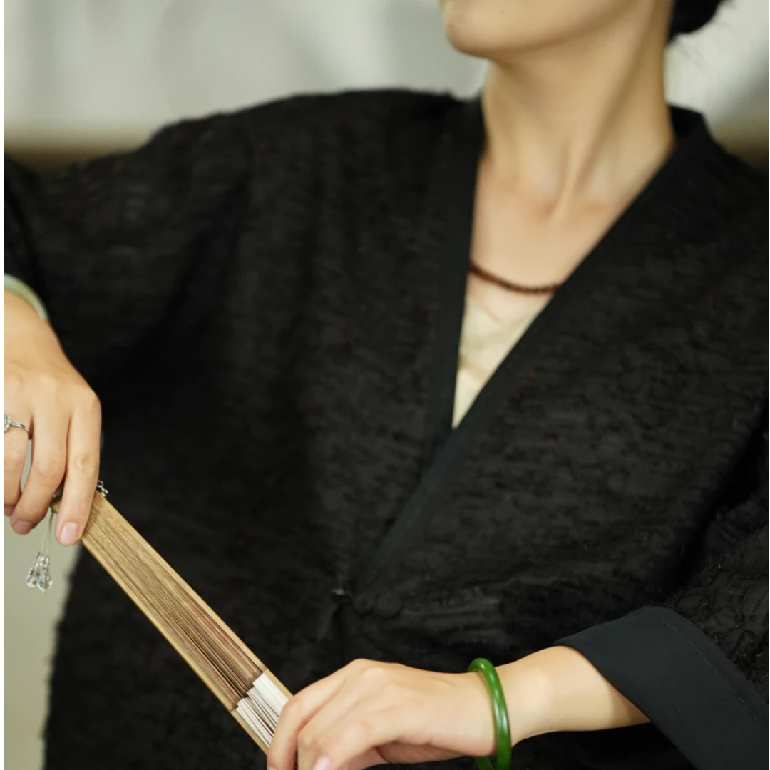 石喃原创设计手针真丝剪花连袖V领开衫百搭短外套气质简约中式