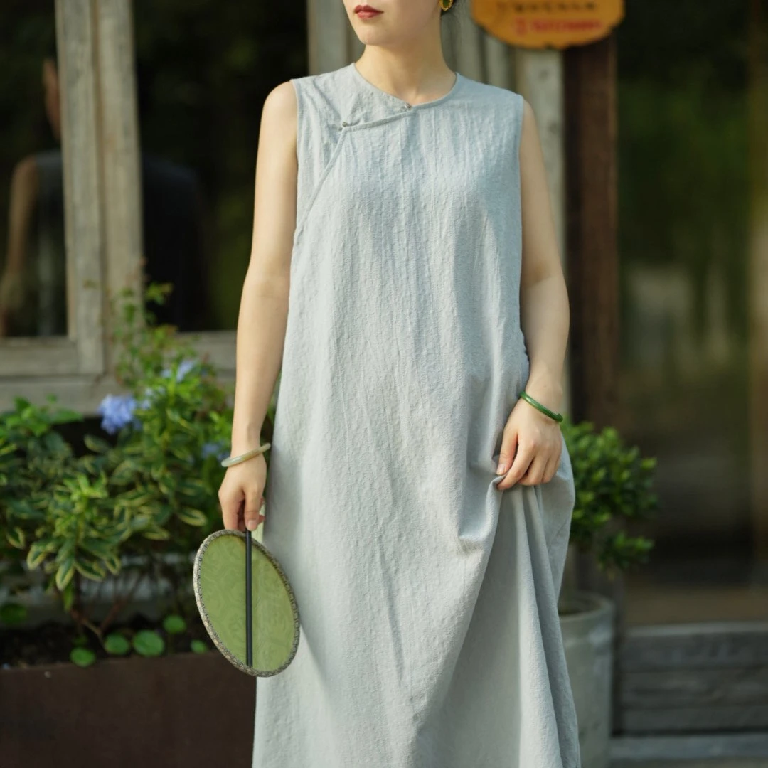 石喃原创设计夏季复古文艺色织亚麻马甲式斜襟长裙   梦玉人