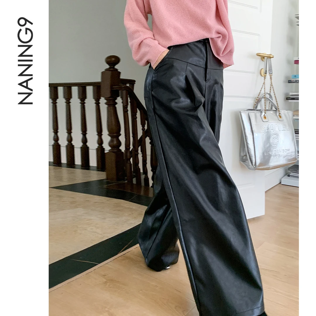 NANING9【御姐范 美式高级感pu阔腿裤】23秋垂感百搭皮裤