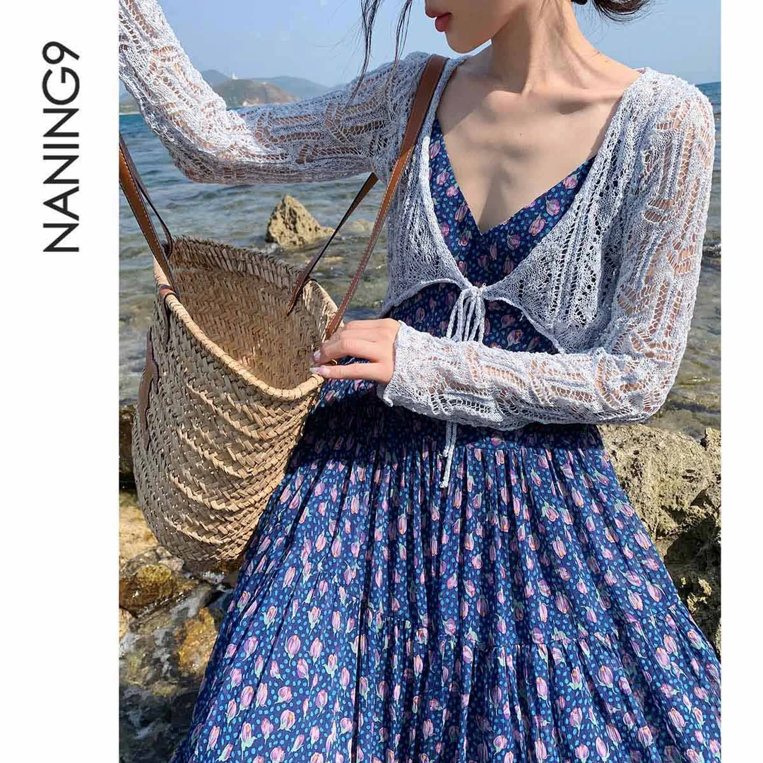 NANING9【海边度假 氛围感防晒外搭浅蓝开衫】夏薄外套镂空空调衫