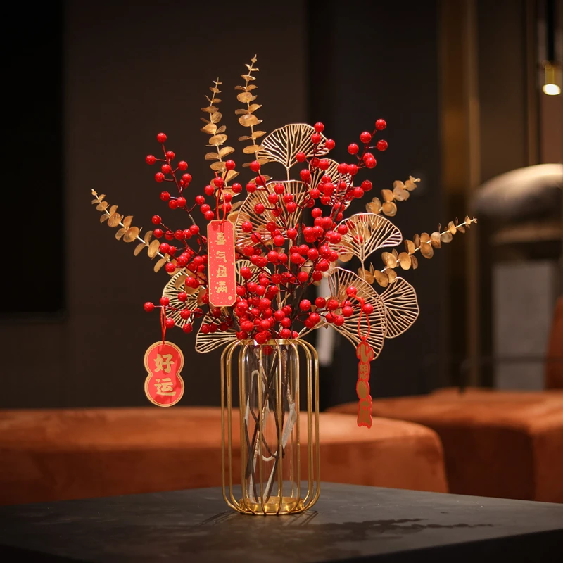 【宠粉浮力】】铁艺灯笼花瓶红果仿真花乔迁开业礼物家居装饰摆件