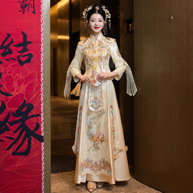 2025结婚香槟色秀禾服套装新式婚服小个子出嫁出阁新娘服显瘦秀禾