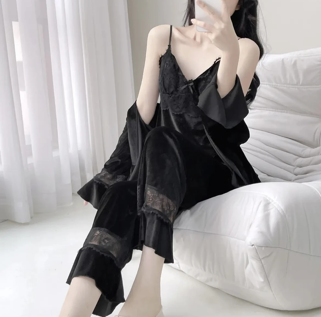 【情诗】金丝绒性感蕾丝三件套秋冬新款吊带长裤喇叭袖纯欲家居服