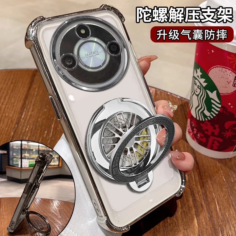 适用荣耀x40电镀四角防摔解压旋转陀螺支架手机壳
