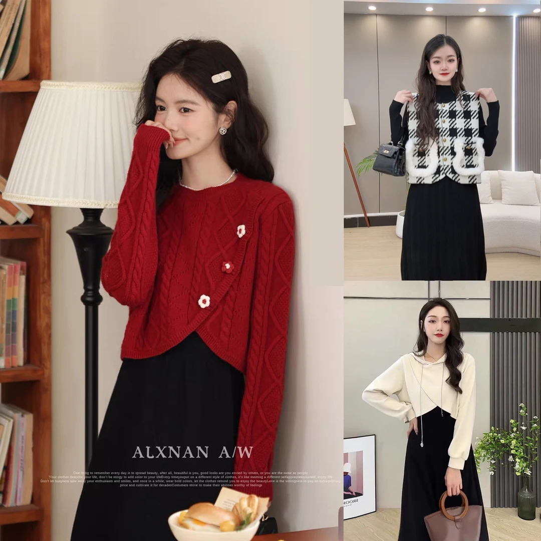 雅思家2024秋季新款拼接连衣裙黑色高腰显瘦A字裙正肩时尚连衣裙