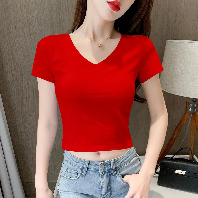红色短袖t恤女V领短款露脐上衣高腰修身正肩辣妹女装2025夏季新款