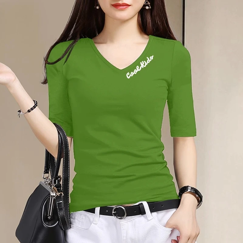 黑色V领中袖t恤女五分袖修身内搭打底衫春季2025新款女装洋气上衣