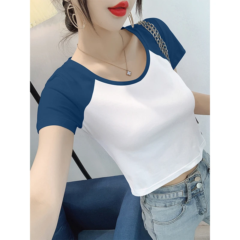 2025年夏季新款露脐T恤女短袖洋气撞色拼袖短款上衣女高腰小个子