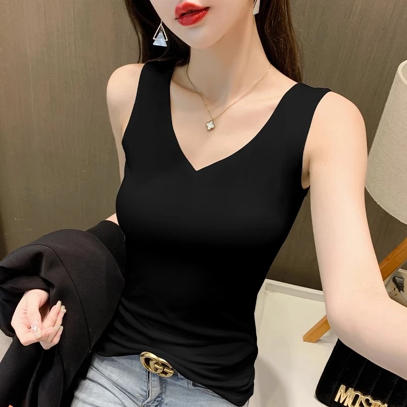 黑色V领吊带背心女内搭打底上衣夏季新款甜辣性感美背无袖外穿