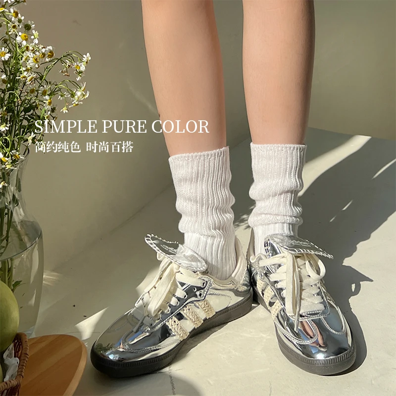 粗线堆堆袜女秋冬日系中筒袜纯棉ins潮白色长筒袜春秋多巴胺色系