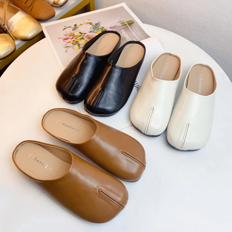平底猪蹄鞋包头半拖鞋女2024新款夏季外穿假分趾马蹄半托猪脚鞋