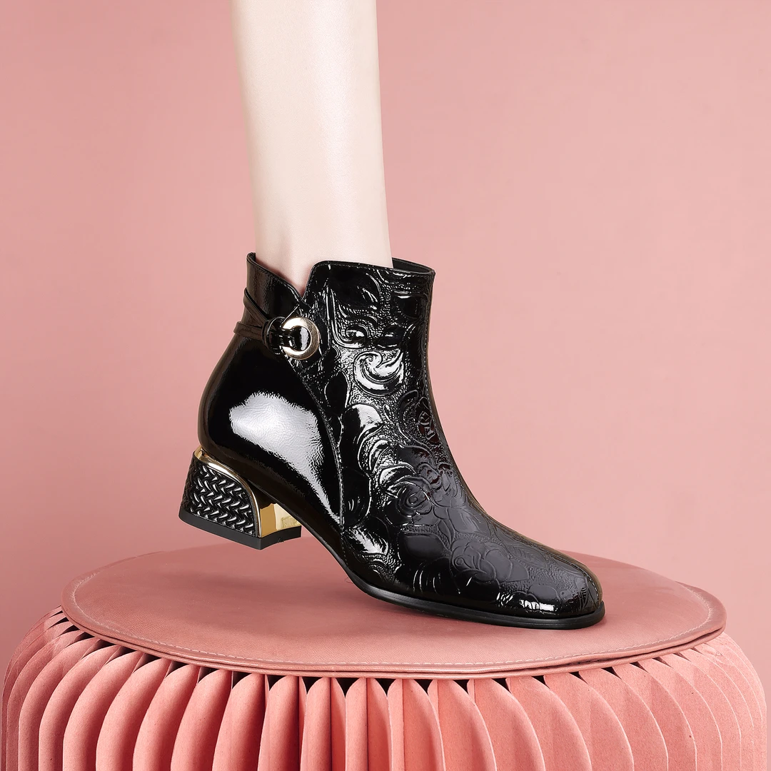 梵芮诗2024年方头印花秋冬潮款加绒保暖手工原创粗跟女短靴-Y1013