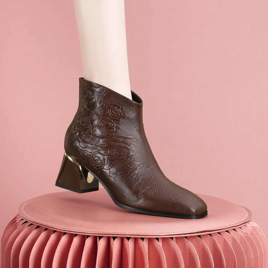 梵芮诗2024年秋冬新款方头保暖加绒简约时尚粗跟时装短靴-H1079