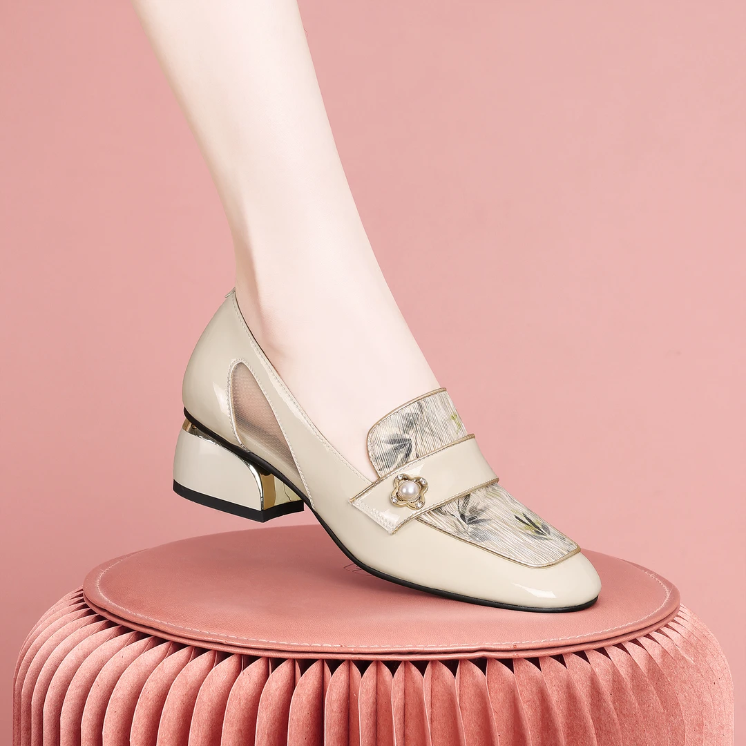 梵芮诗2024年新款春夏季方头钻饰新中式潮流气质粗跟女单鞋-H1016