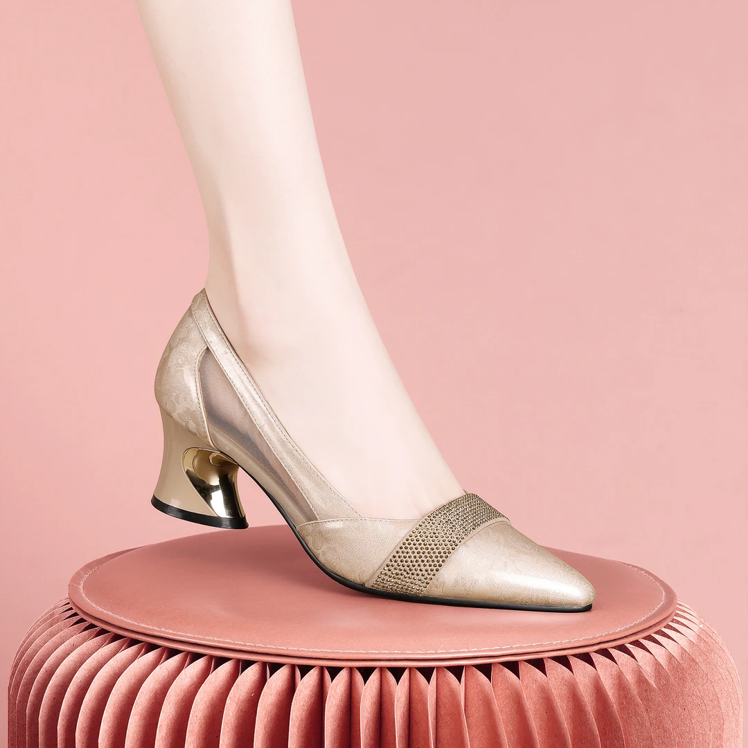 梵芮诗2024年秋季新款尖头网纱钻饰简约纯色百搭粗跟单鞋-H0134